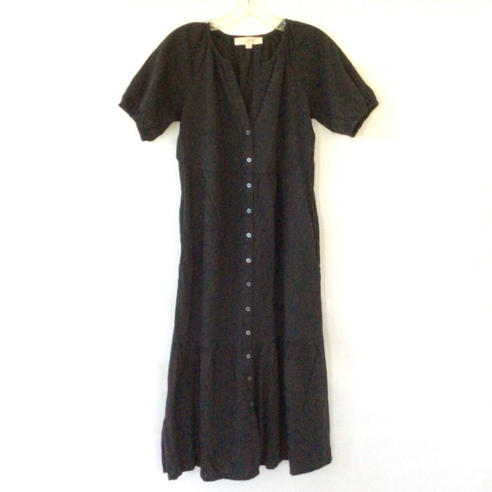 LOFT Ruffled Midi Cotton Dress Black Sz XS